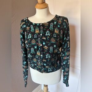 Louie Lucie 100% Cotton Multi-Color Clocks Button-Up Cardigan – Size M – Retro